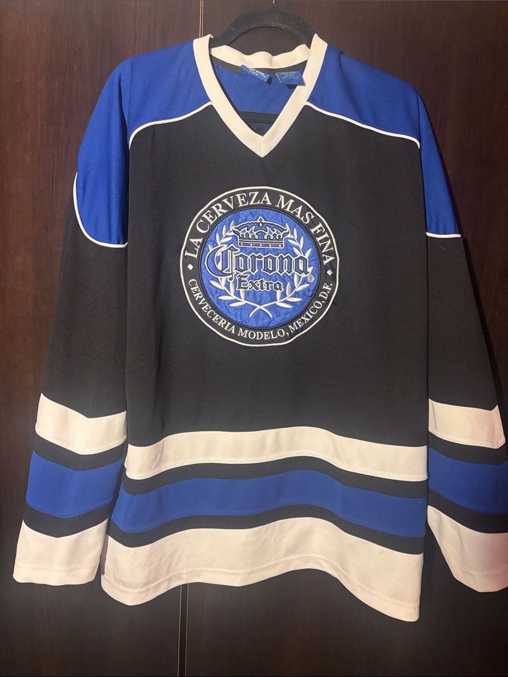 Corona Black, Blue and White V-Neck Hockey Sweater